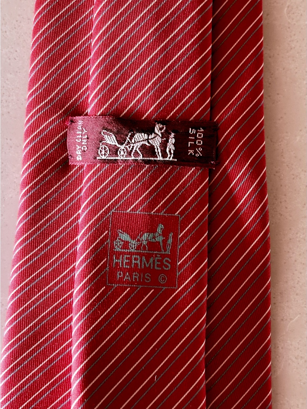 Hermes Red Silk Tie with White Pinstripes